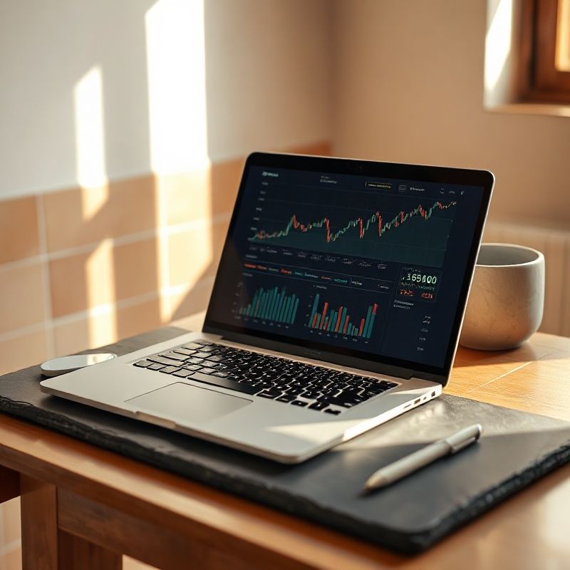 Portátil mostrando gráficas de datos financieros sobre una mesa gris pizarra
