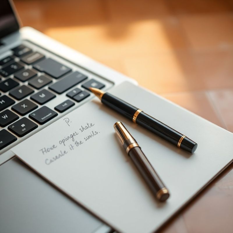 Pluma estilográfica sobre una nota manuscrita junto a un teclado de portátil
