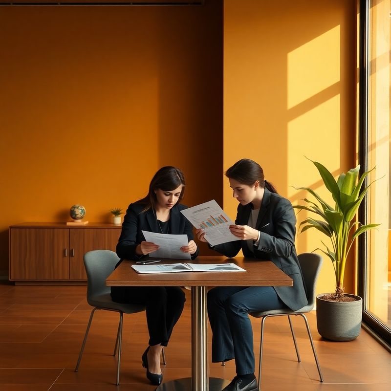 Dos profesionales revisando informes financieros impresos en un espacio de trabajo minimalista
